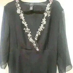 INC Women’s Dressy Black Blouse with Floral Neck Detail, Size 1X